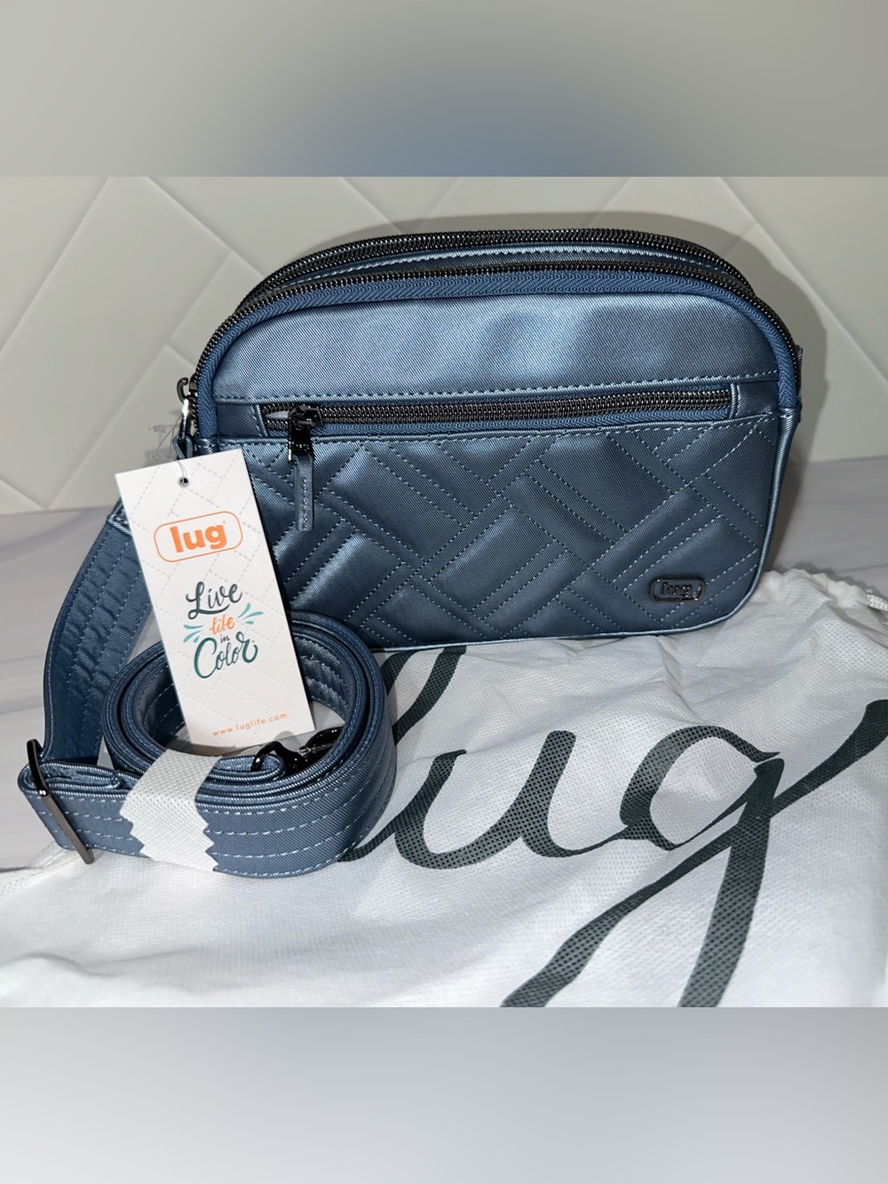 Lug Super Coupe 2 Satin Luxe VL convertible crossbody Metallic Blue Moon - NEW